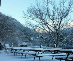 Un espacio exterior cubierto de nieve con mesas de picnic y árboles desprovistos de hojas, probablemente un parque o zona recreativa.