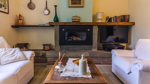 A cozy living room with a fireplace, white sofas, a coffee table with decorative items, and a bookshelf with books. - Beautiful villa, private pool WIFI gorgeous gardens & mountain views- peaceful! (Poggio)