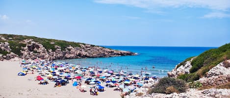 On the beach, sun-loungers, beach towels