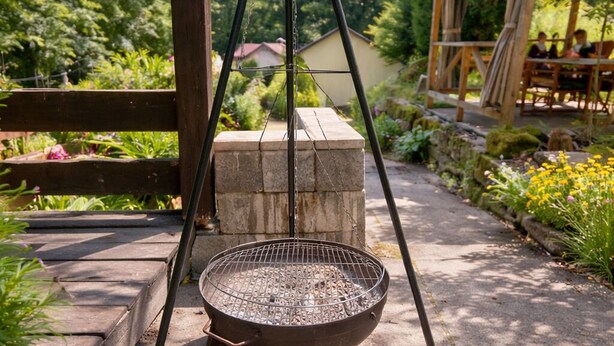 Una parrilla para barbacoa al aire libre, con una estructura de piedra al fondo.