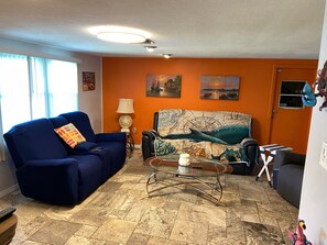 Smart TV, fireplace, DVD player, books