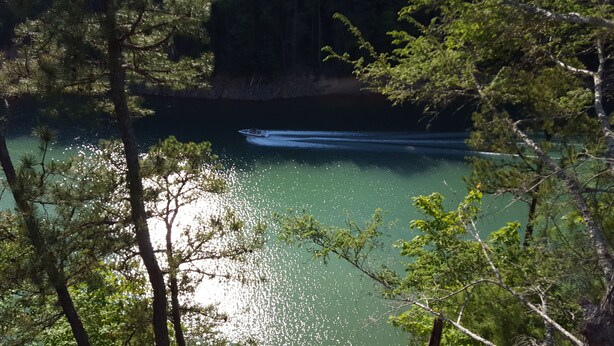 A boat on a calm body of water surrounded by trees. - Lakefront Adventure: Private Hot Tub,  Dock, Nearby Rafting, Biking & More! (Robbinsville)