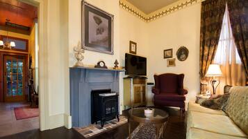 Smart TV, fireplace, DVD player, books