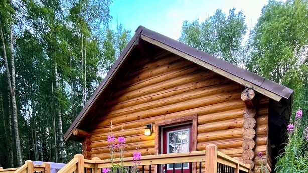 A rustic log cabin with a wooden deck and a red door. - Comfy Cabin Nestled in the Woods (Houston)
