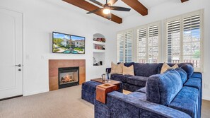 Flat-screen TV, fireplace, DVD player