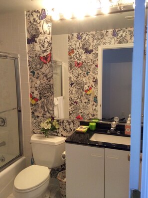 Ensemble douche/baignoire, sèche-cheveux, serviettes fournies, savon