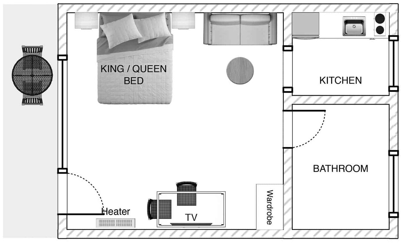 Un plan d’étage comprenant un lit « king size » ou « queen size », une télévision, un radiateur, une armoire, une cuisine et une salle de bain.