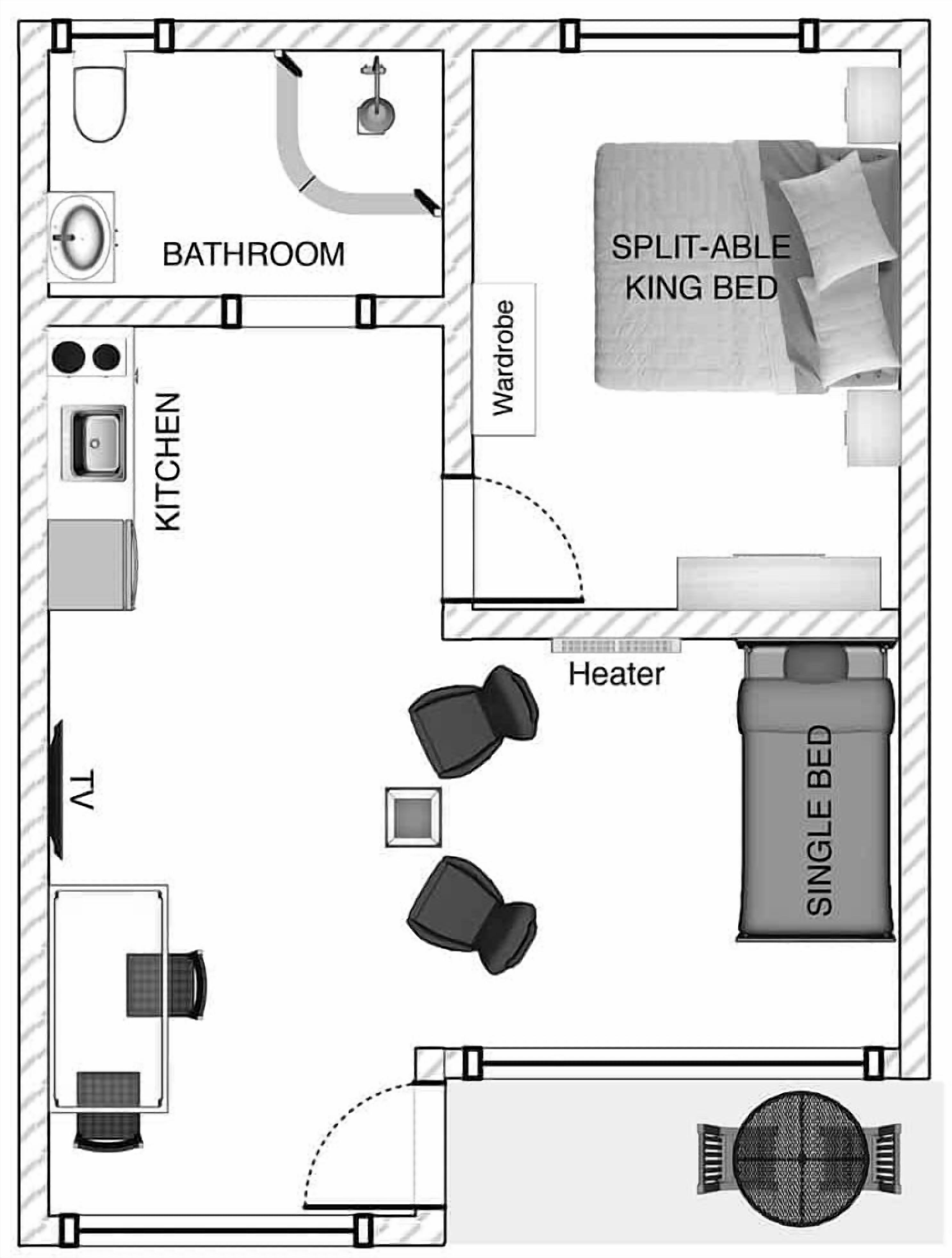 Plan d’un étage d’une chambre d’hôtel comprenant un grand lit « king » divisible en deux lits simples, un lit simple, un radiateur, une armoire, une salle de bain et un coin cuisine.