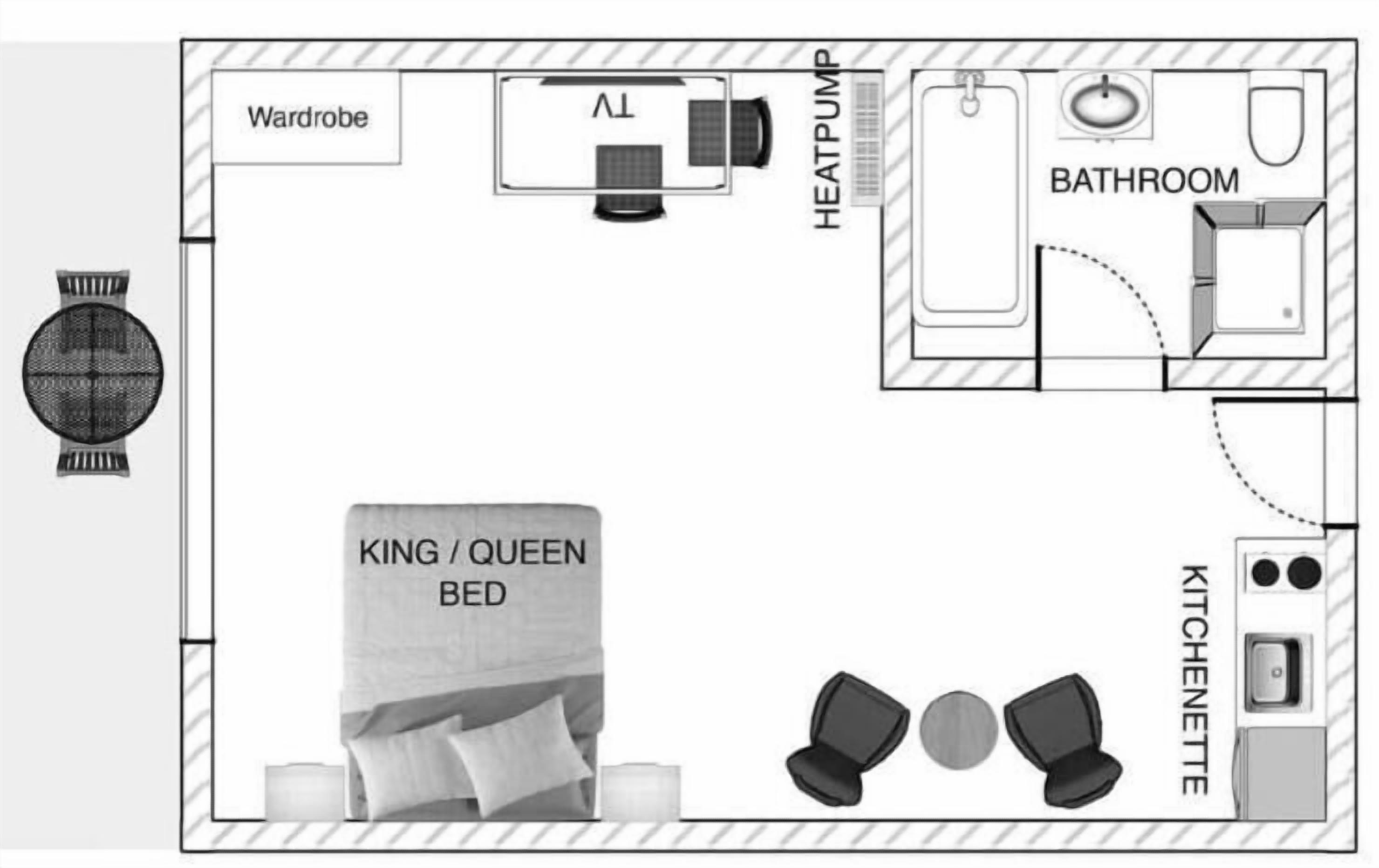 Indeling van een hotelkamer met een kingsize/queensize bed, kast, airconditioning, warmtepomp, badkamer en kitchenette.