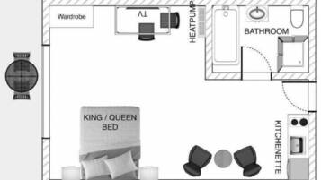 A hotel room layout with a king/queen bed, wardrobe, AL unit, heat pump, bathroom, and kitchenette.
