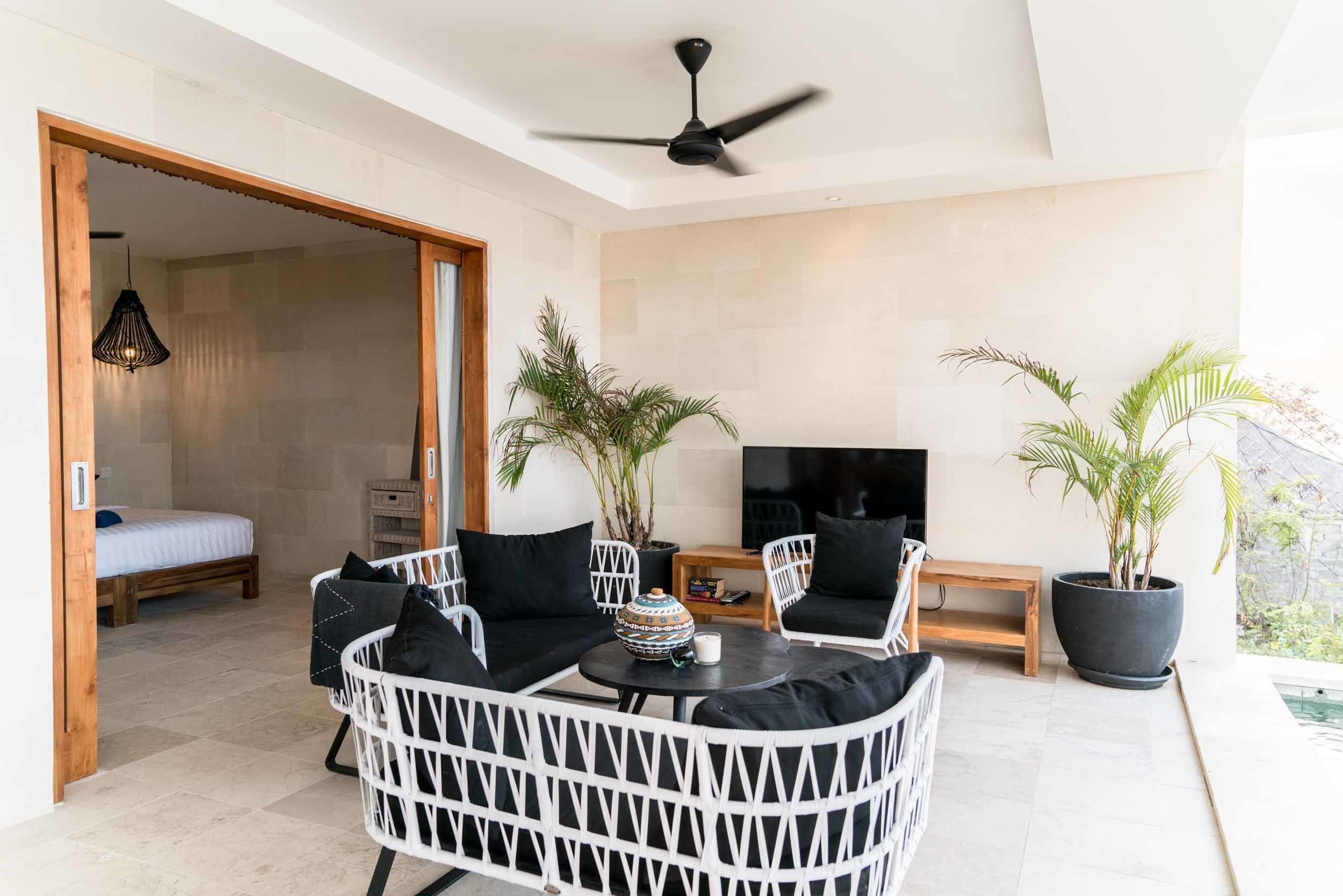 A modern living room with a sofa, chairs, a TV, and potted plants.