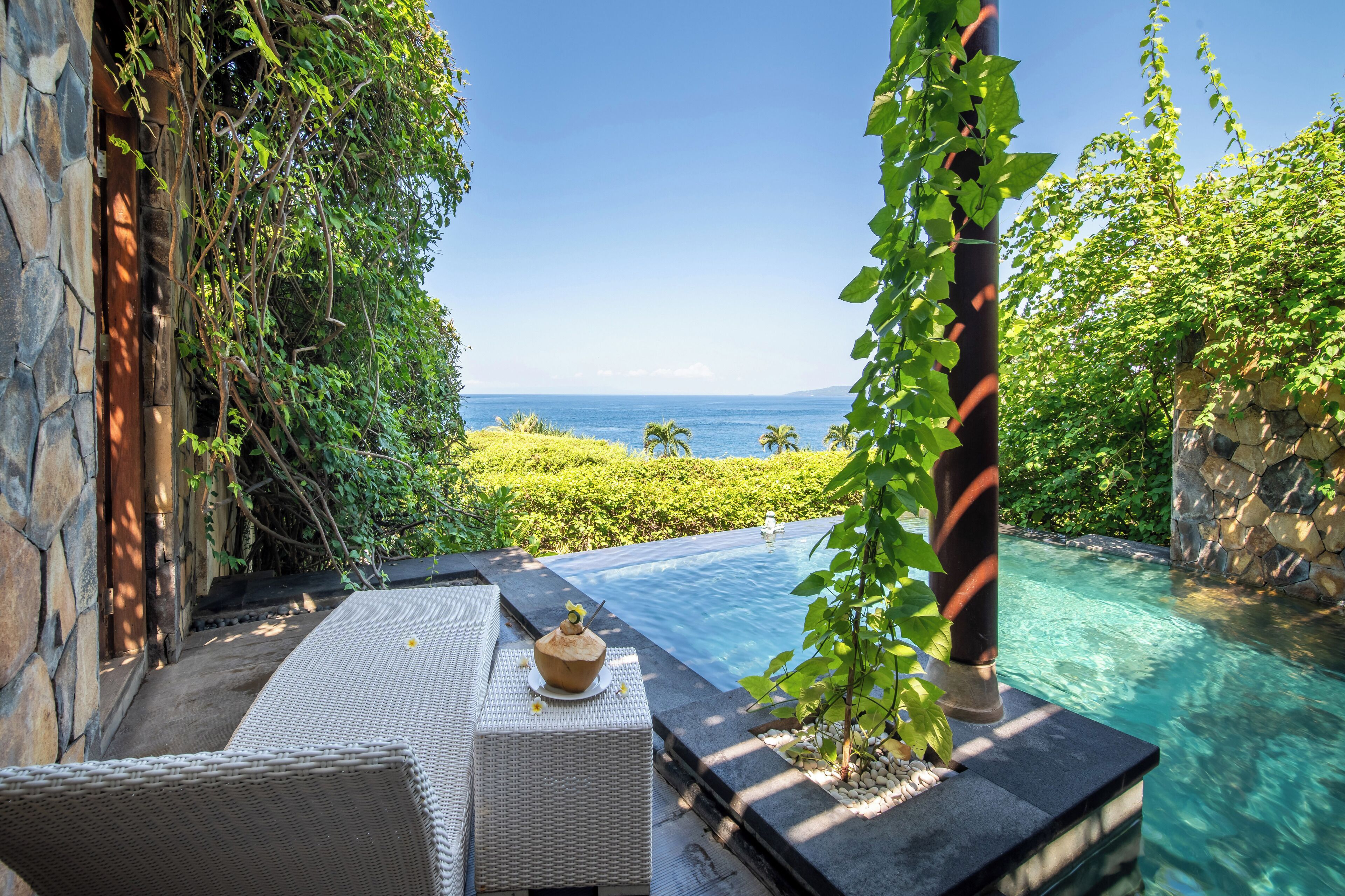 A private pool area with a view of the ocean, surrounded by lush greenery and stone walls.