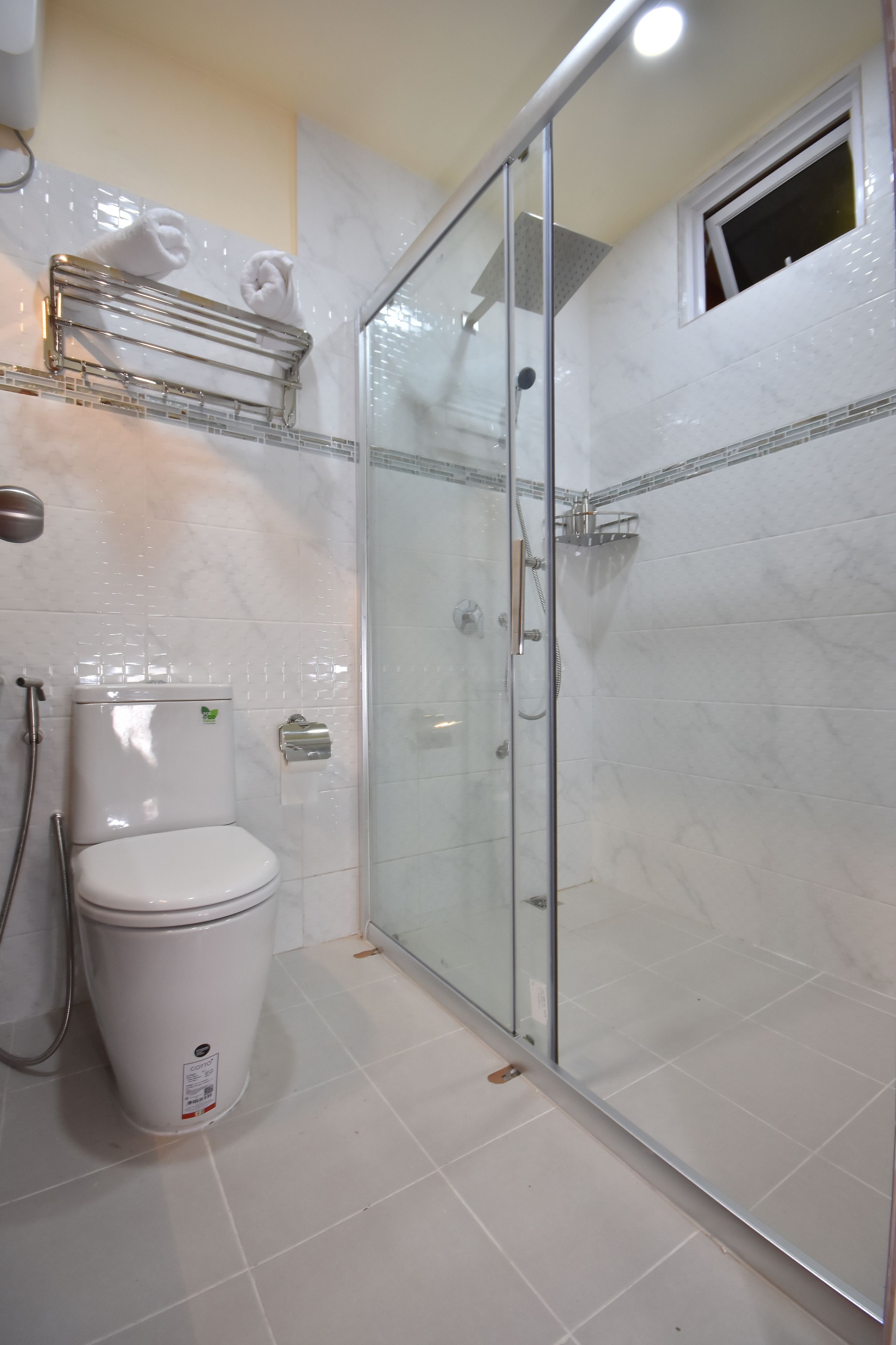 A bathroom with a glass-enclosed shower, a toilet, and a towel rack.