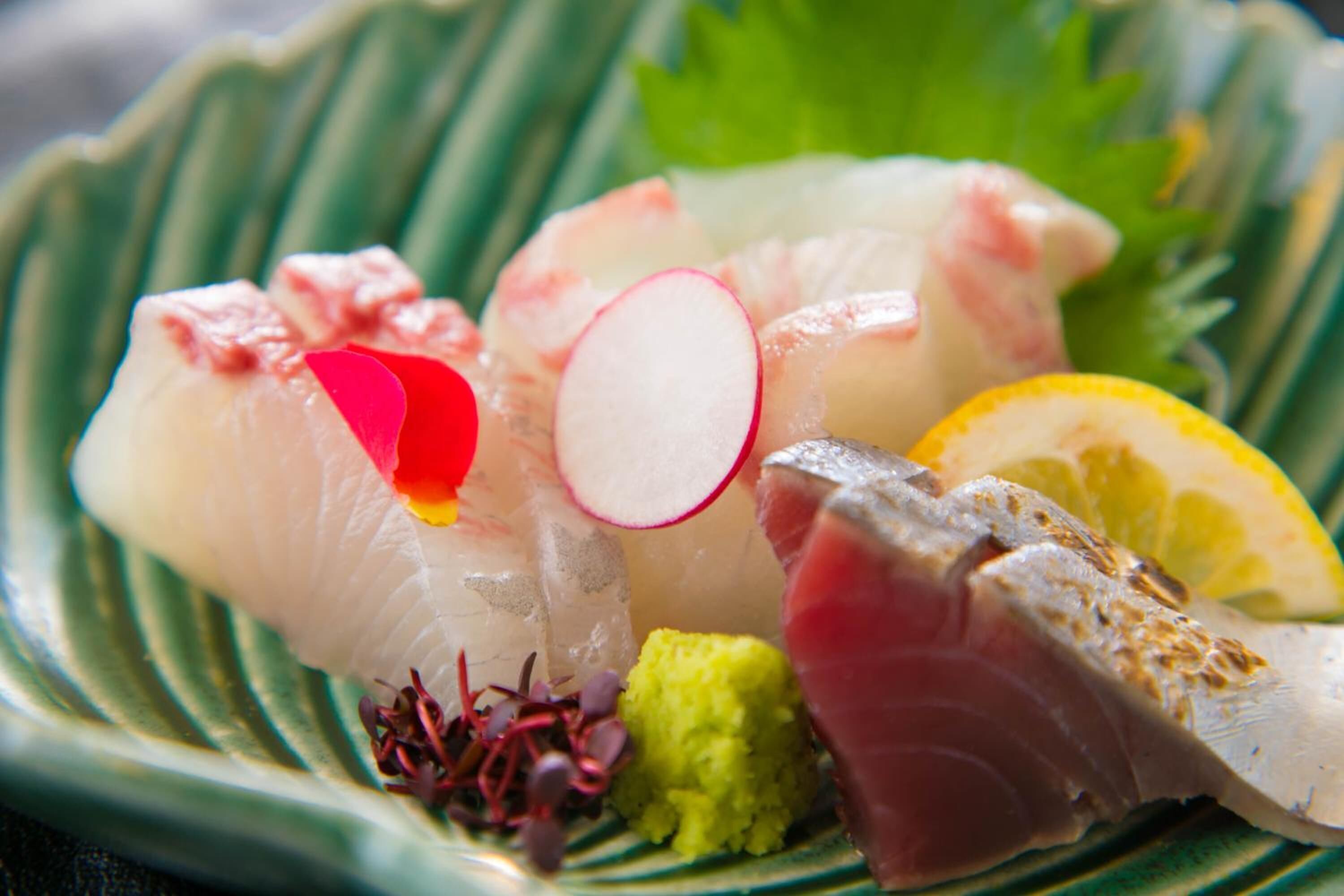 Un plato de sashimi con diferentes guarniciones.