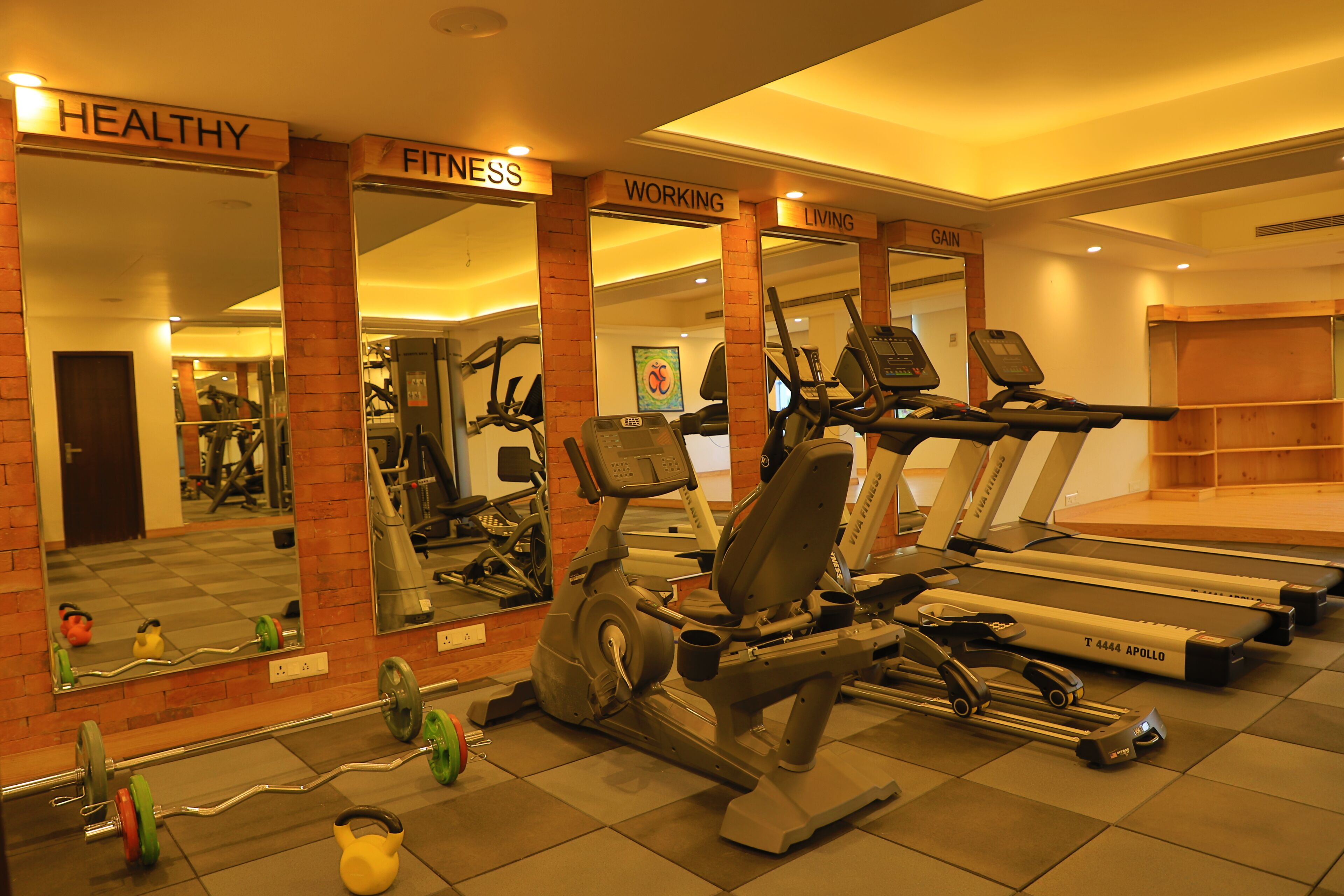 Une salle de sport équipée de tapis de course, de vélos d’appartement et d’appareils de musculation.