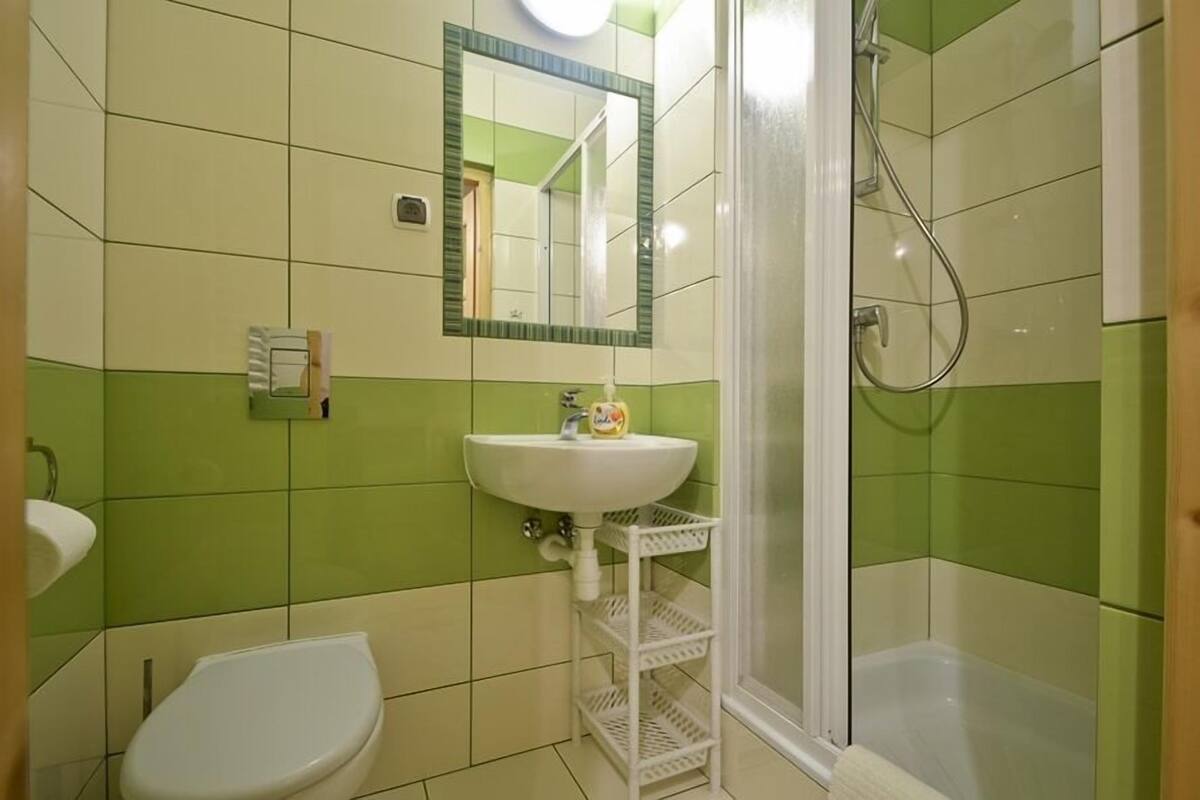 Baño con inodoro, lavamanos, espejo y ducha.