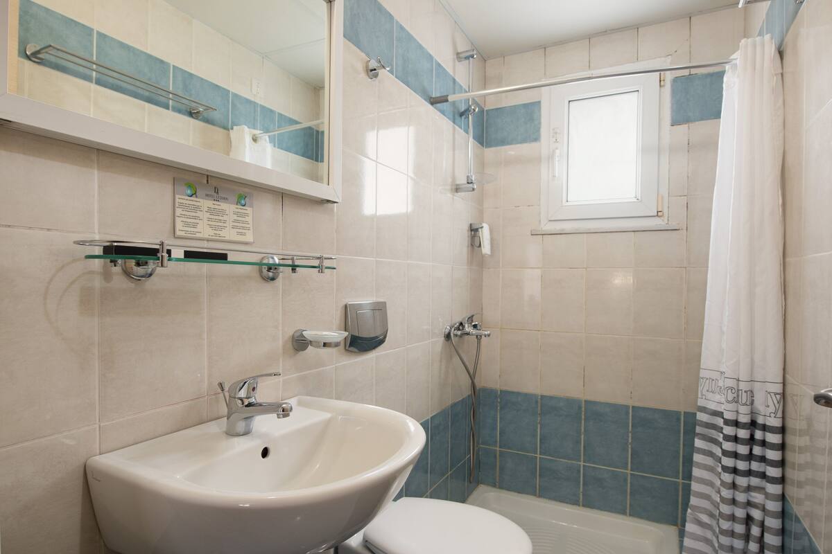 double or twin room, city view | bathroom | shower, hydromassage showerhead, hair dryer, slippers