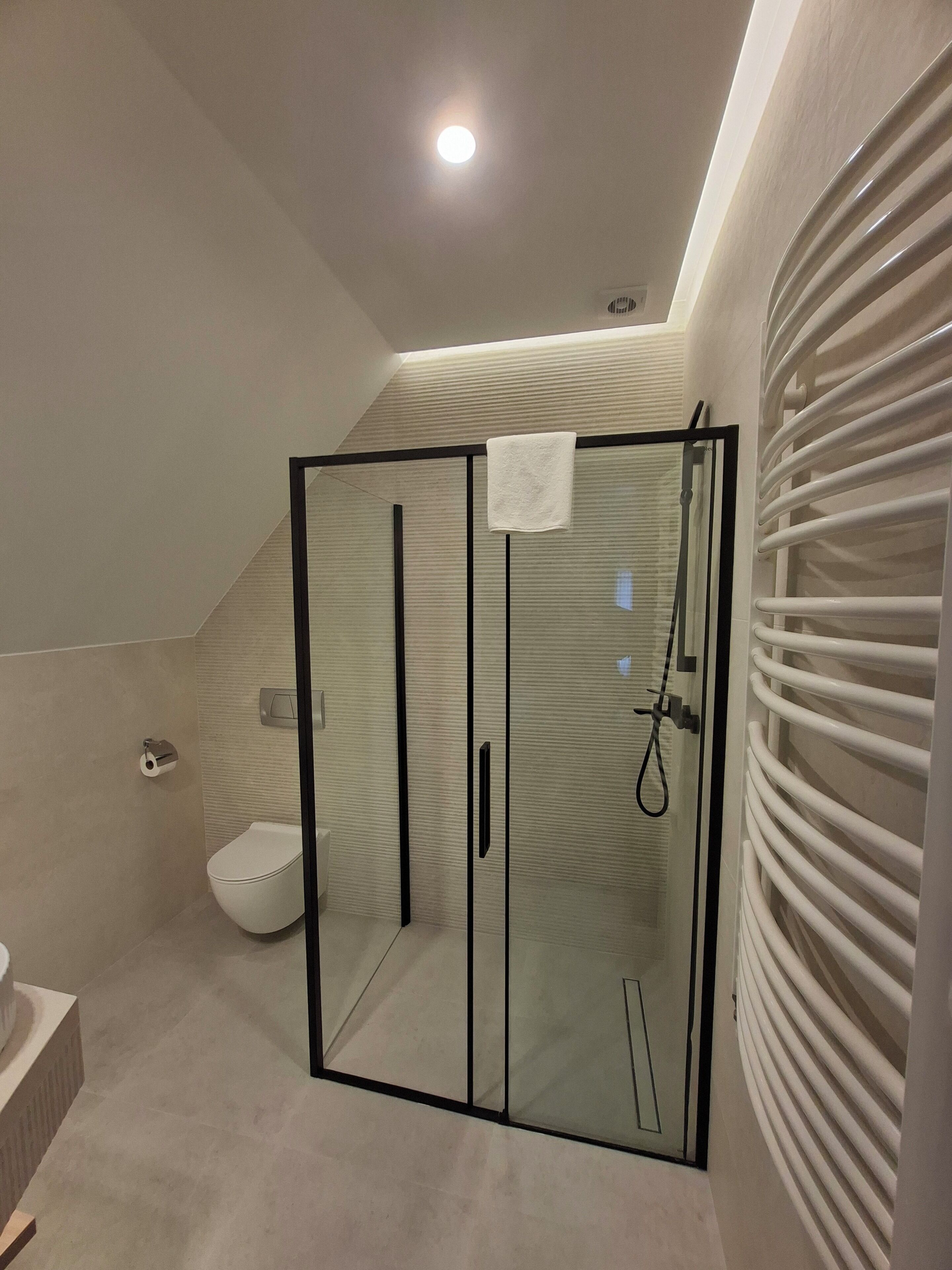 A modern bathroom with a glass-enclosed shower, a toilet, and a towel hanging on the door.
