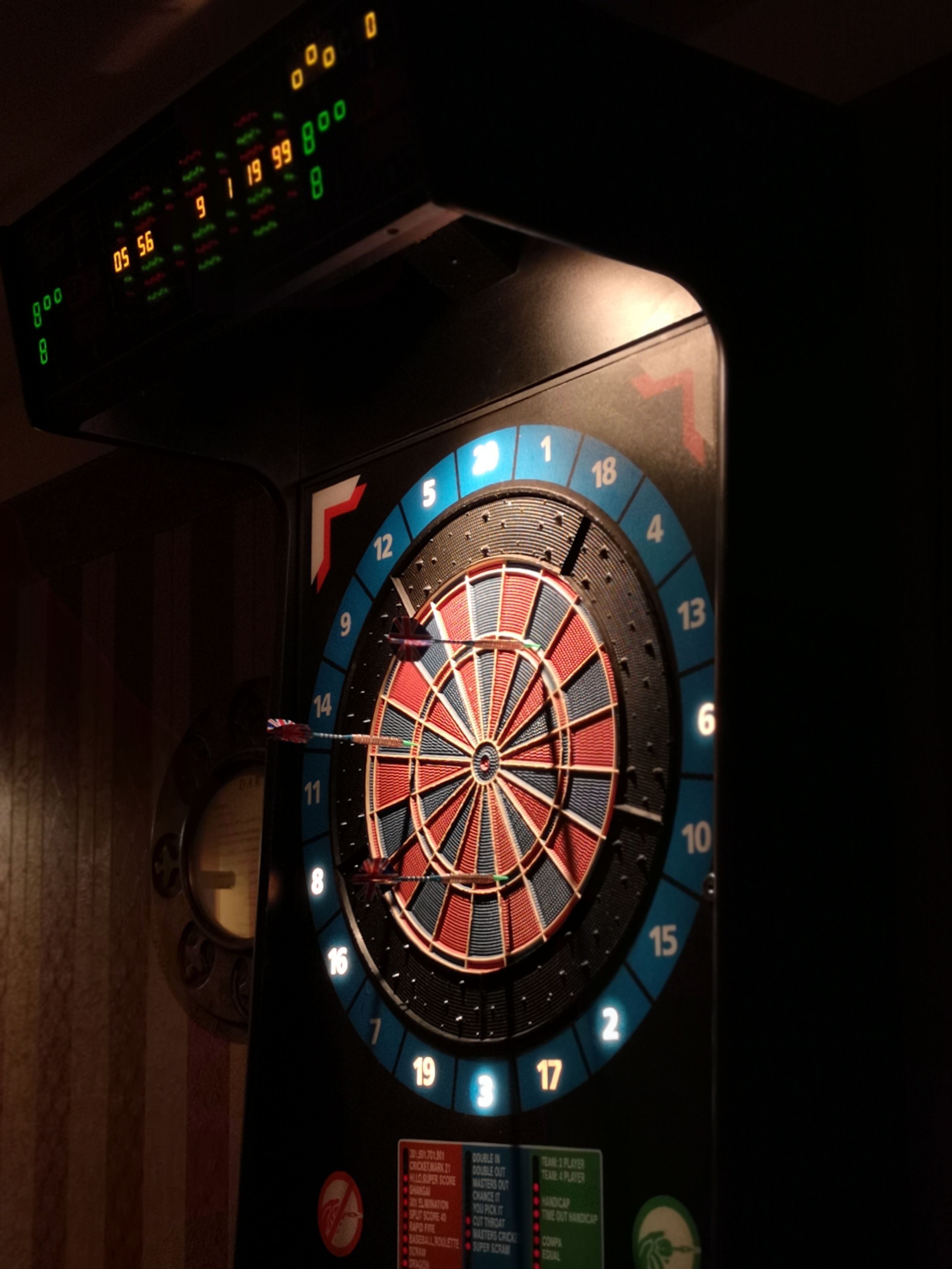 A dartboard with a scoreboard above it.