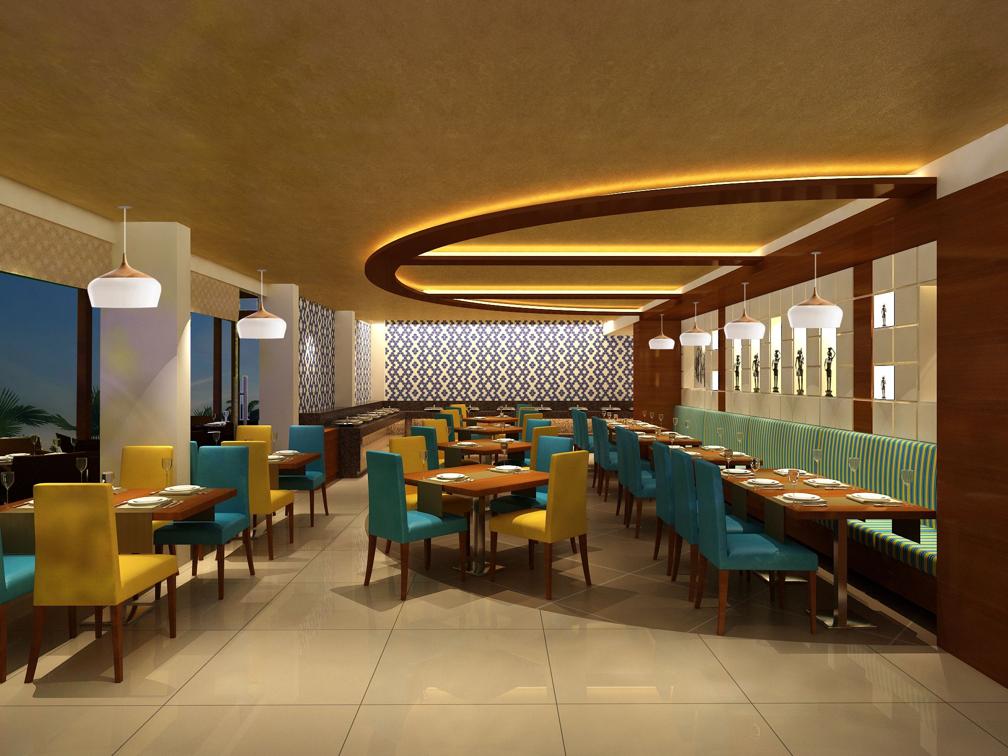Un restaurant moderne offrant différents types de sièges, notamment des banquettes et des tables, un mur décoré de motifs et un éclairage suspendu.