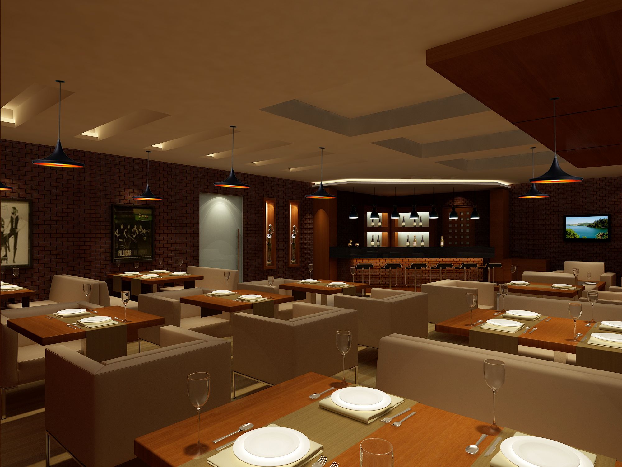 A modern restaurant with brick walls, pendant lighting, and neatly arranged tables with white tablecloths and wine glasses.