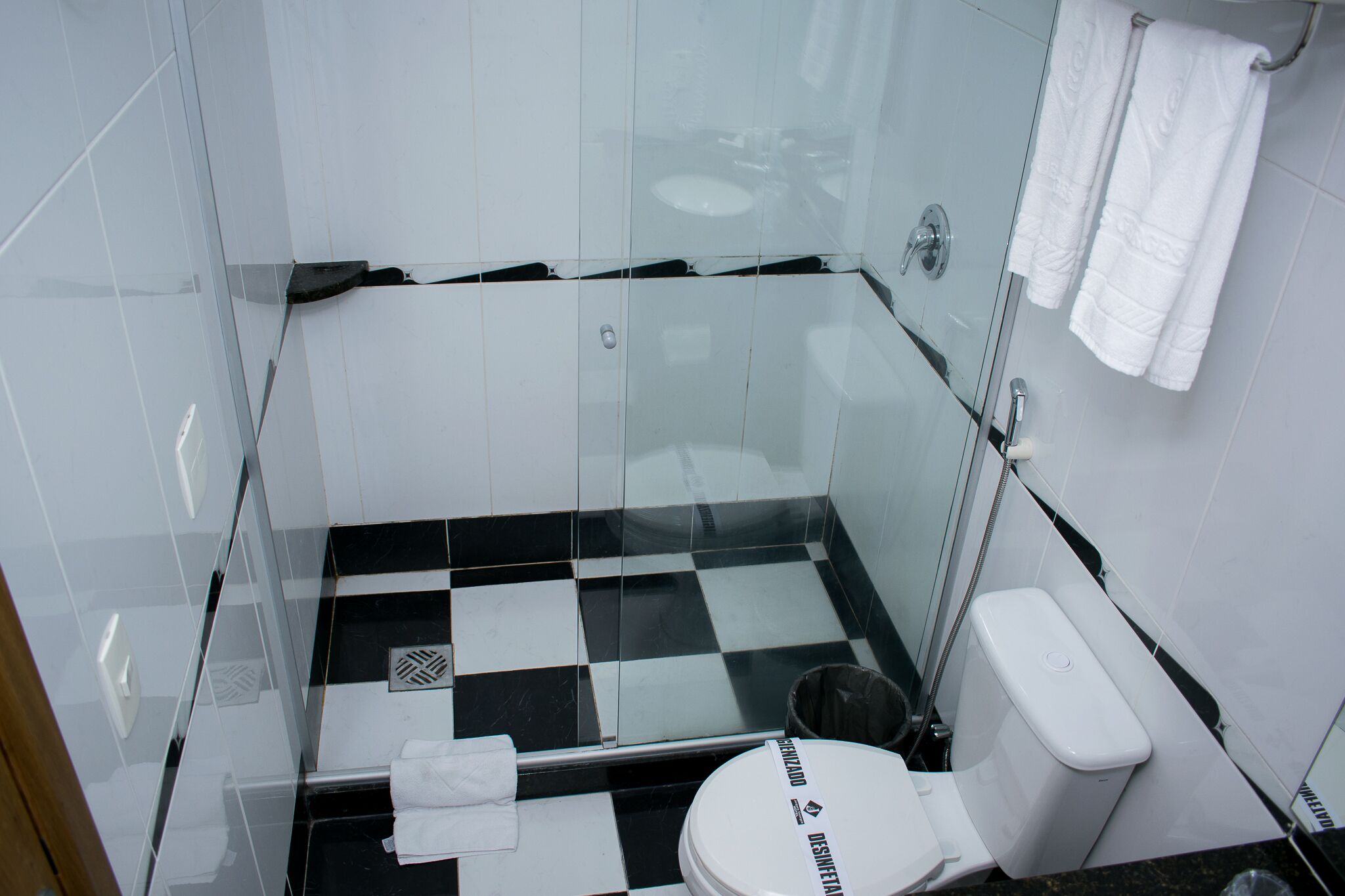 A modern bathroom with a glass-enclosed shower, a toilet, and a sink.