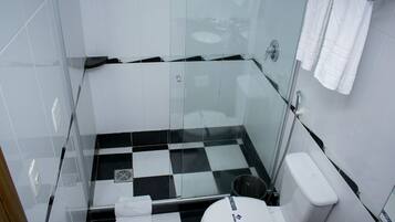 A modern bathroom with a glass-enclosed shower, a toilet, and a sink.