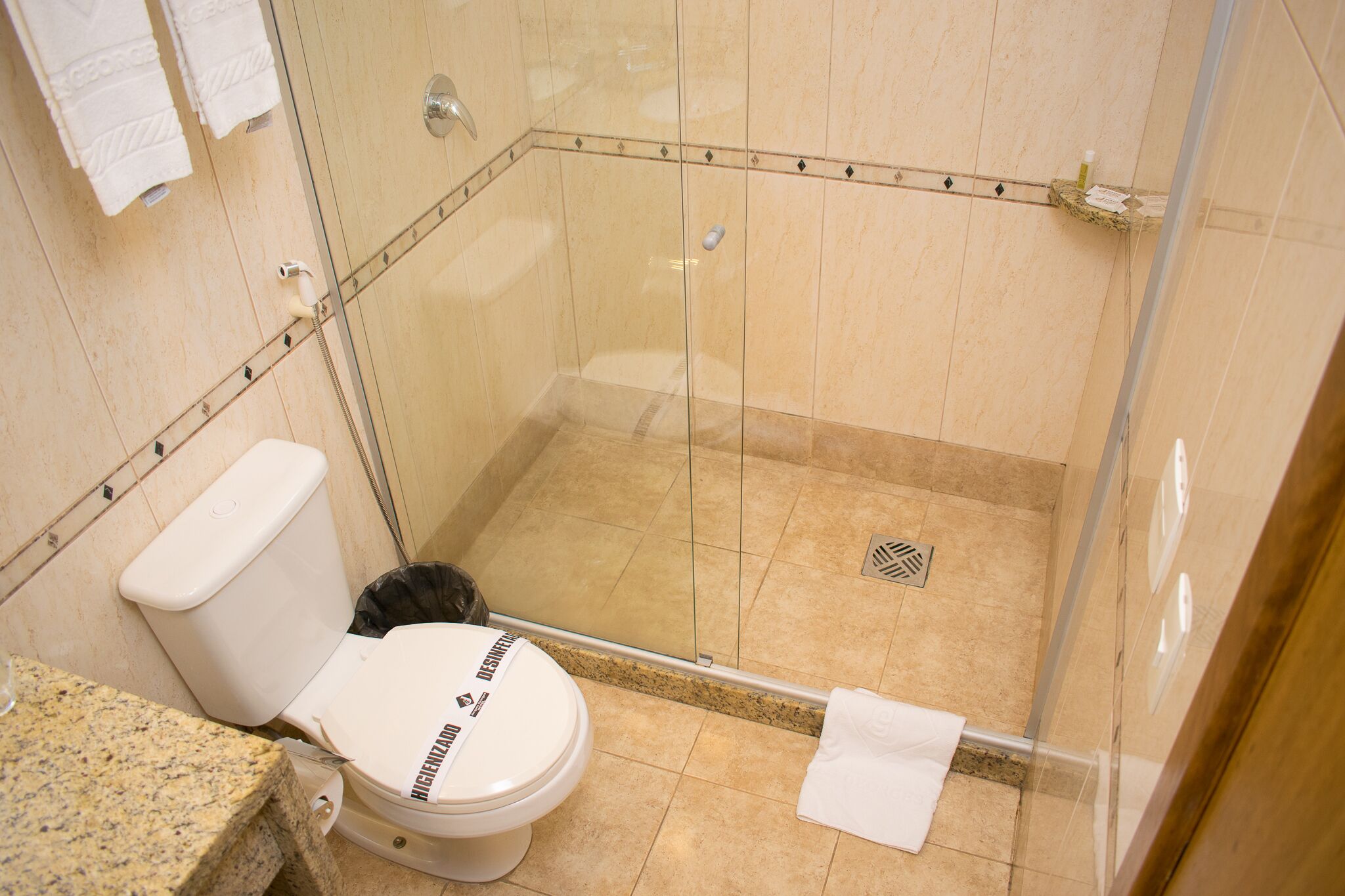 A bathroom with a toilet, a shower area, and a granite countertop.