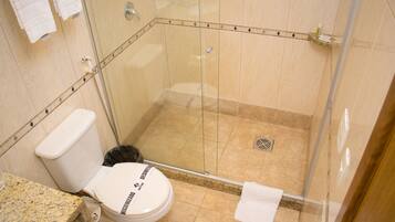 Een badkamer met een toilet, een douchegedeelte en een granieten aanrecht.