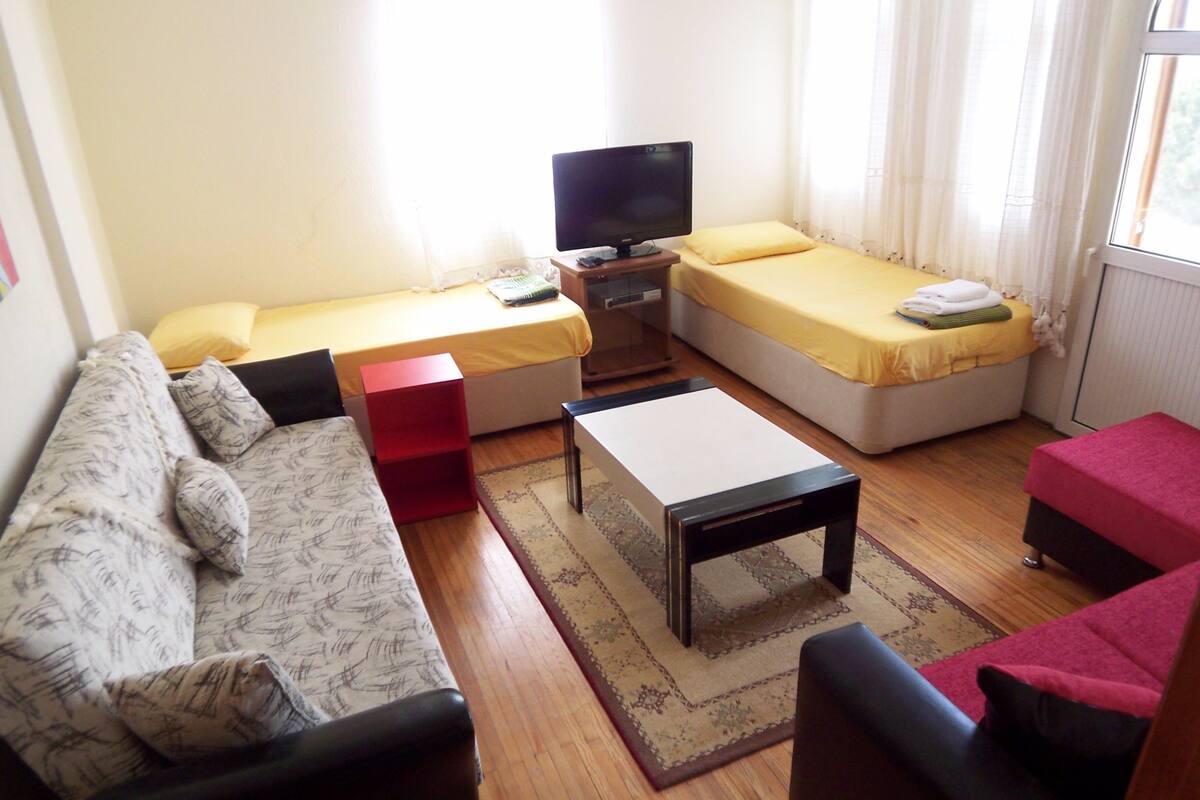 A compact living space with a sofa, a small table, a TV, and two beds with yellow bedding.