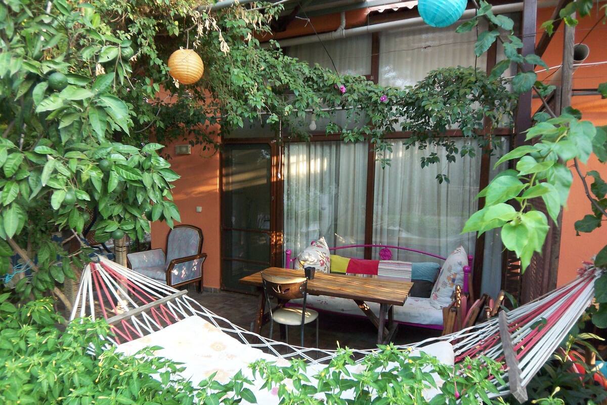 A hammock, a sofa, and a table in a garden area with plants and a building in the background.