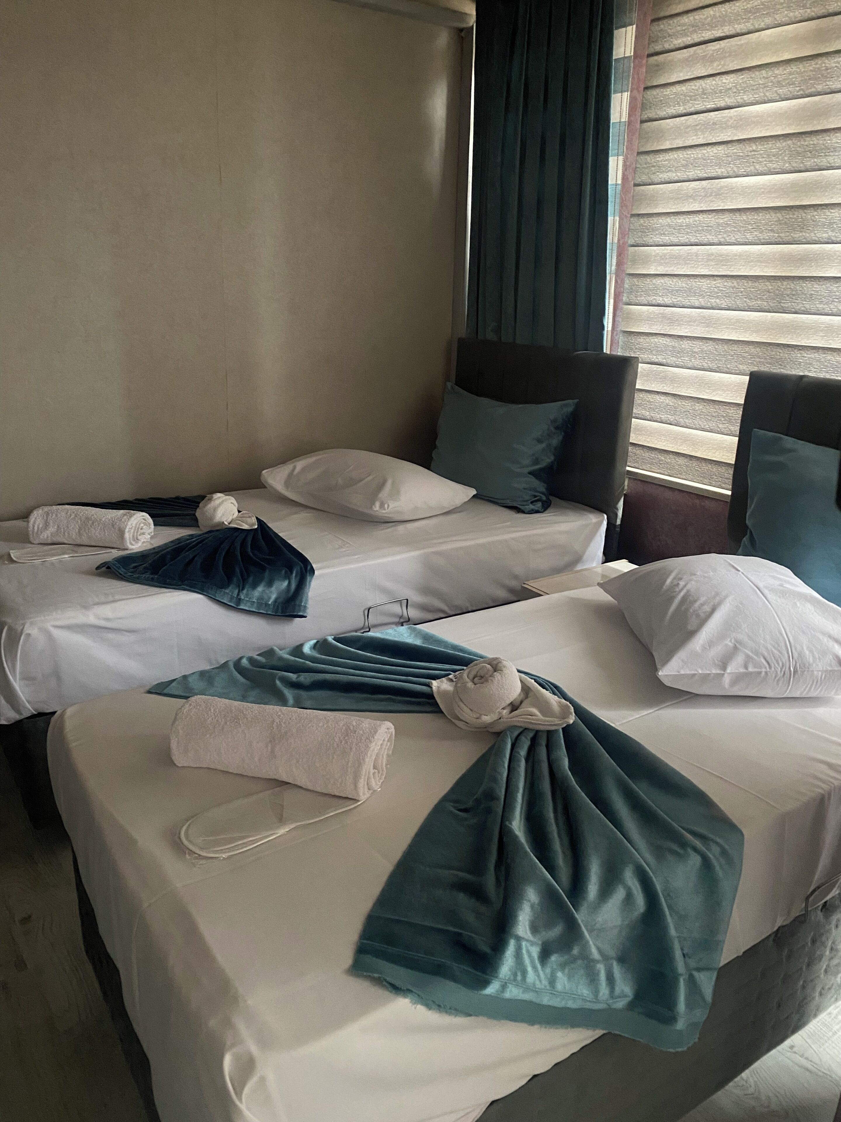 Dos camas individuales con sábanas blancas, mantas verde azulado y azul oscuro, y almohadas a juego.
