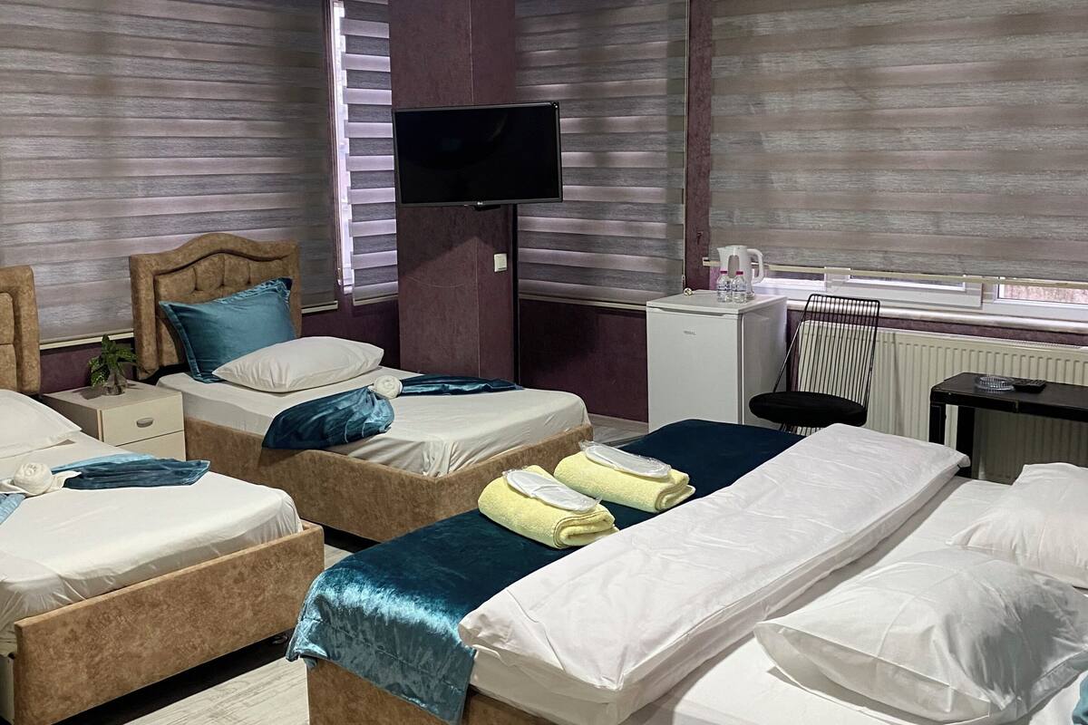 Habitación de hotel con dos camas, televisión, escritorio y ventana con persianas.