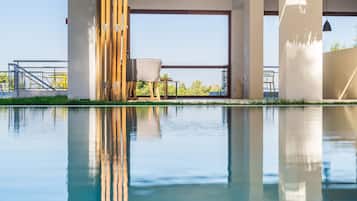 Outdoor pool, pool umbrellas, pool loungers