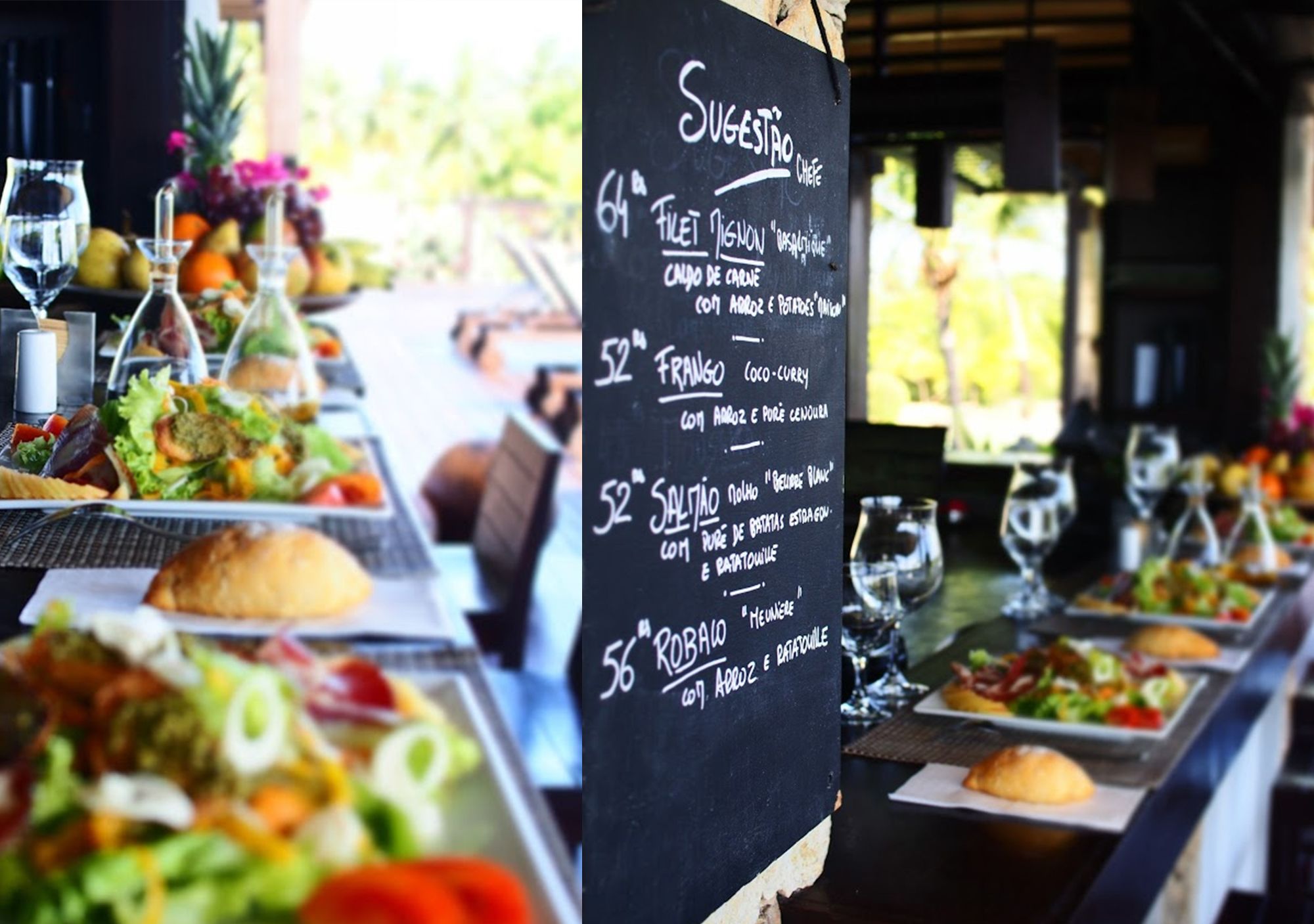 A restaurant menu board listing various dishes such as Filet Mignon, Frango, Saltado, and Robalo.