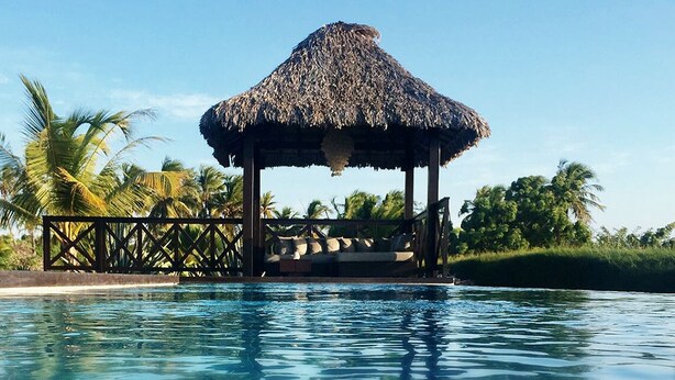 Uma piscina com um gazebo de palha, rodeada por palmeiras.