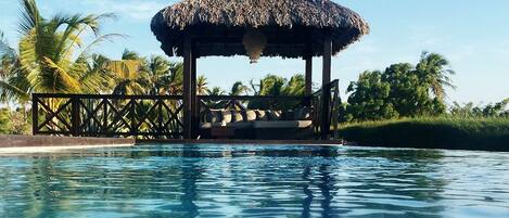 Una piscina al aire libre, sombrillas, sillones reclinables de piscina