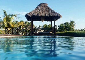 A pool with a thatched-roof gazebo, surrounded by palm trees. - Chic Hotel Boutique (Cajueiro da Praia)