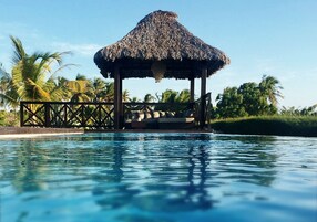 室外游泳池，池畔遮阳伞，日光浴躺椅