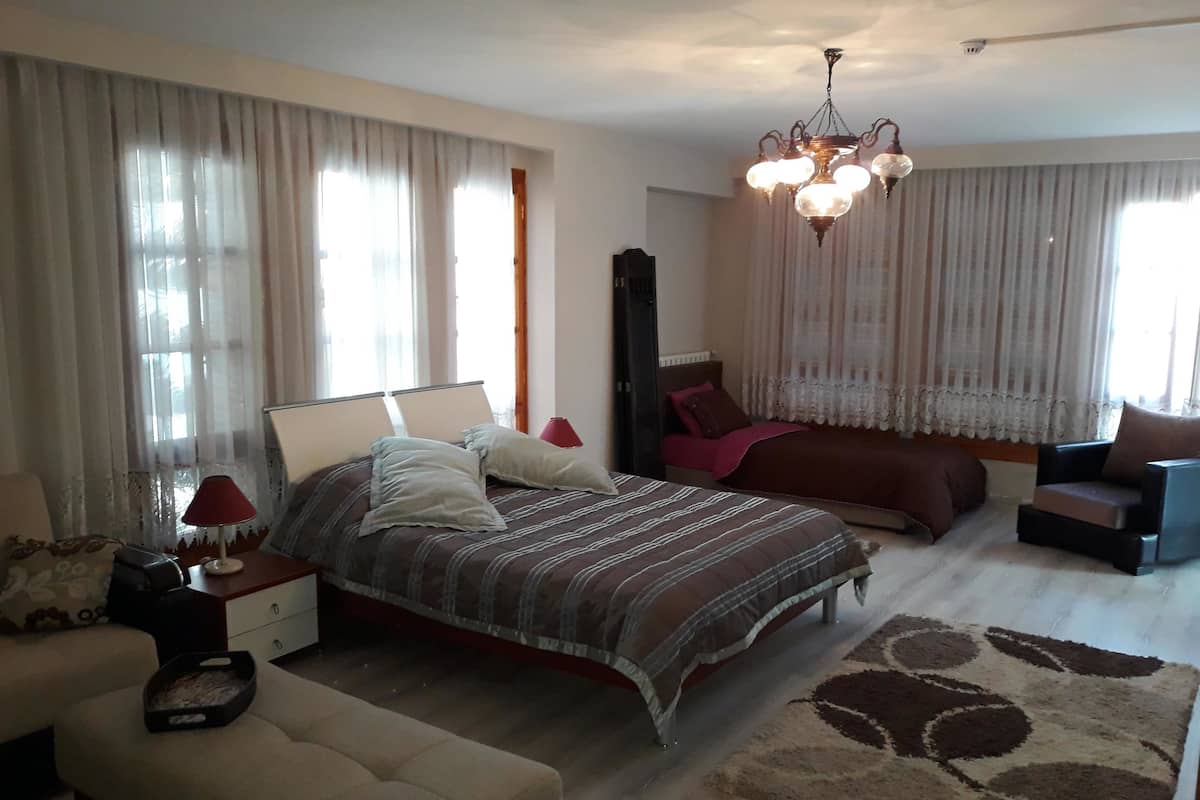Une chambre à coucher avec un grand lit, un canapé, un fauteuil et un lustre.