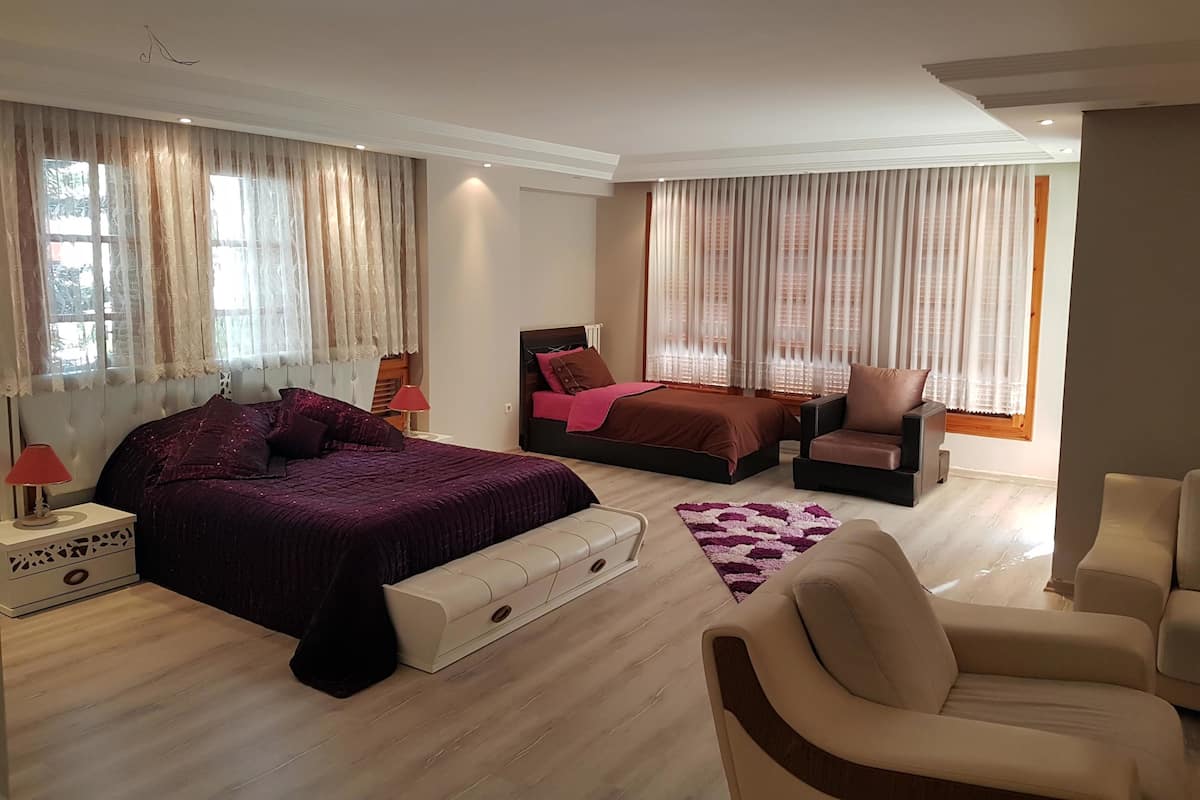 Une chambre moderne avec deux lits, un canapé et un fauteuil.