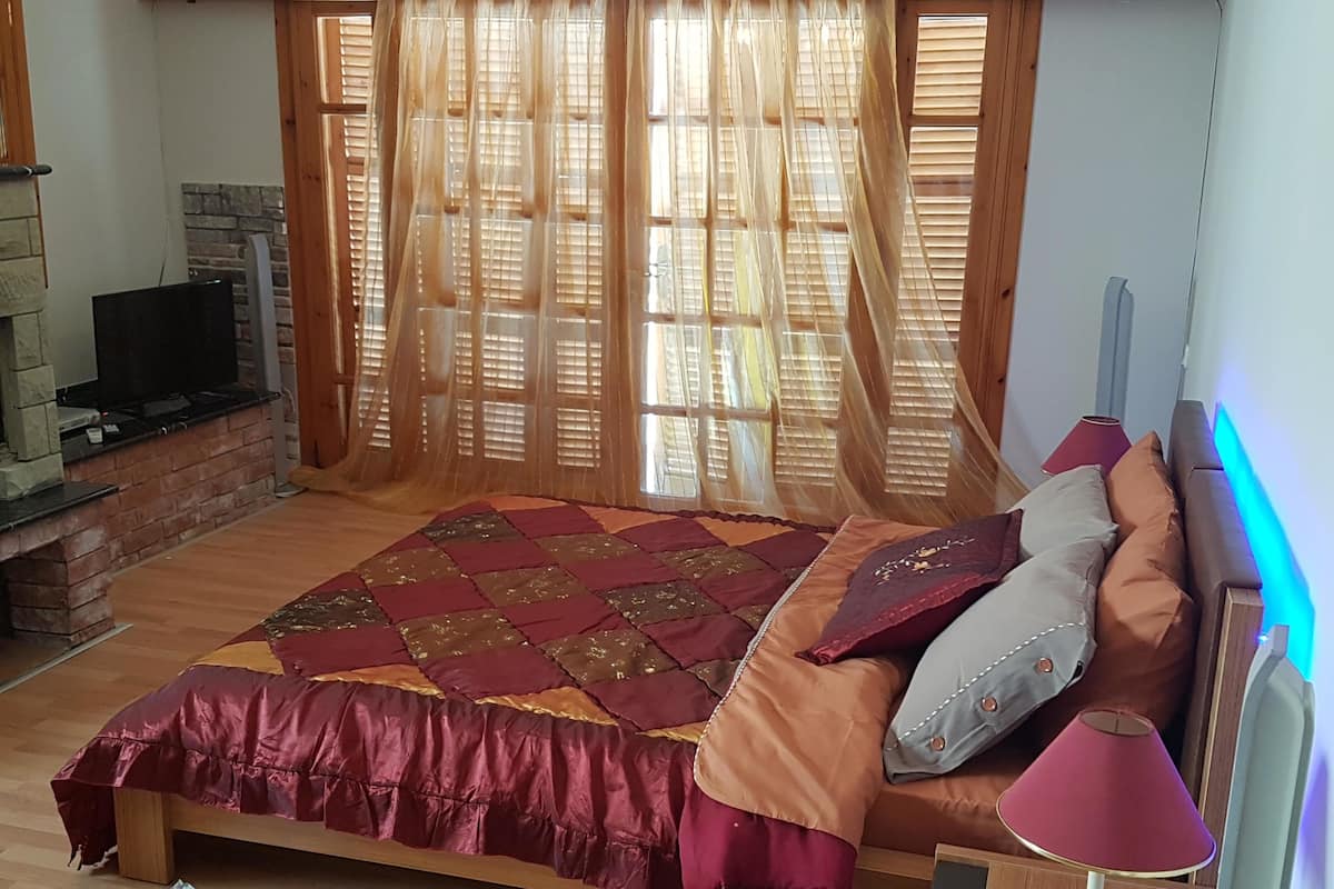 Une chambre à coucher avec un lit, une télévision, une lampe et une cheminée.