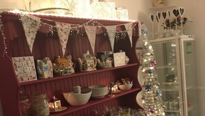 A kitchen with a pink cabinet, a refrigerator, and a Christmas tree. - Number 61 Guest House and Tea Room (North Shields)
