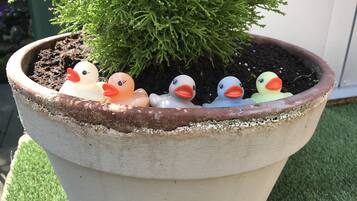 A potted plant with a group of rubber ducks inside.