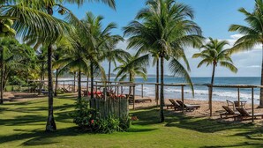 Zona de playa con palmeras, sillas de descanso y una valla de madera con vista al océano.