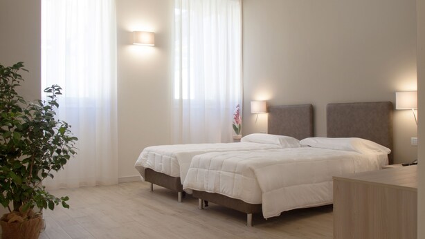 A modern bedroom with a large bed, two bedside lamps, and a potted plant.