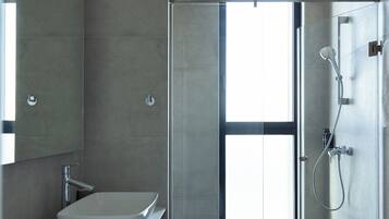 A modern bathroom with a glass shower enclosure, a white sink, and a large mirror.