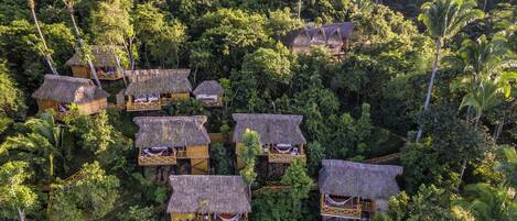 A cluster of thatched-roof treehouses surrounded by dense tropical foliage.