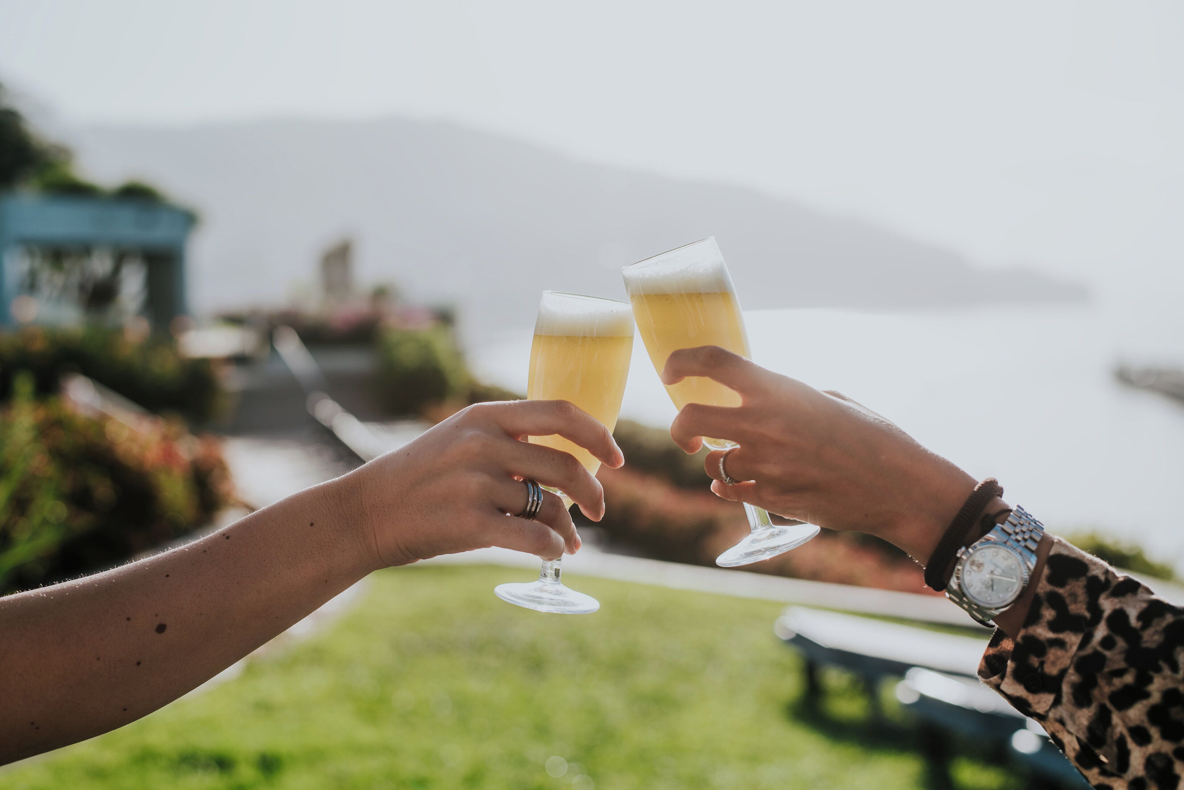 Due persone brindano con calici di champagne, un orologio al polso e sullo sfondo un ambiente naturale sfocato con acqua e colline.