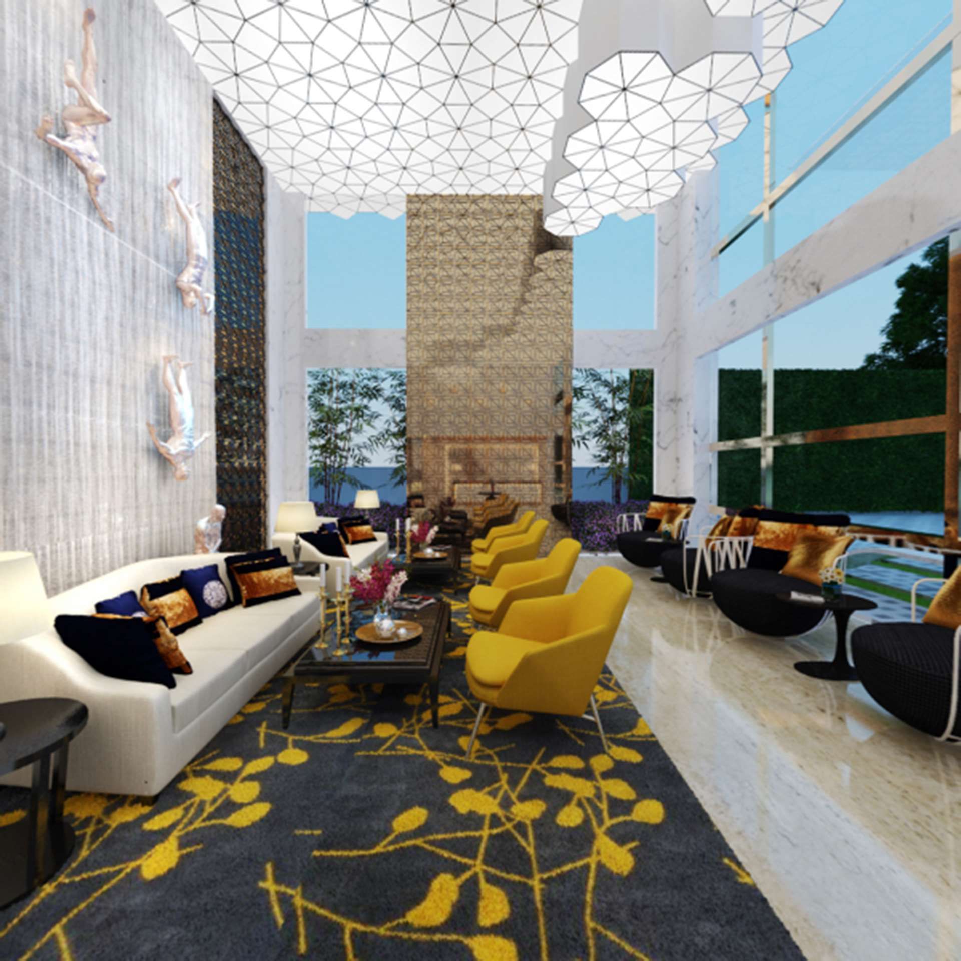 Un espace de détente moderne comprenant un canapé, des fauteuils et une table basse.